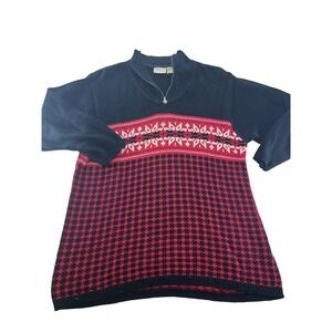 Vintage Elisabeth Liz Claiborne Sweater Black Red Fair Isle Zip Neck Size 2